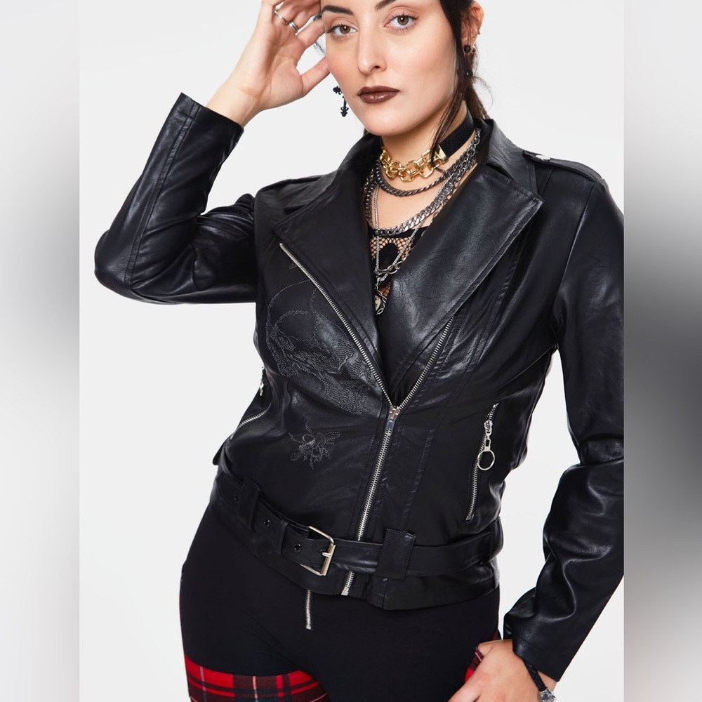 Black Womens Leather Moto Jacket with Belt